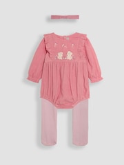JoJo Maman Bébé Pink Body 3 Piece Embroidered Muslin And Tights Set - Image 1 of 5