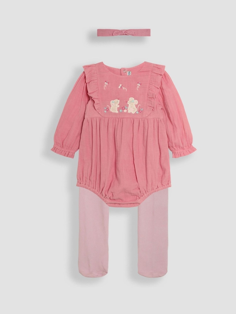 JoJo Maman Bébé Pink Body 3 Piece Embroidered Muslin And Tights Set - Image 1 of 5