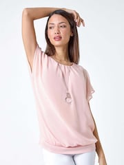 Roman Pink Chiffon Jersey Blouson Top with Necklace - Image 1 of 5
