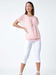 Roman Pink Chiffon Jersey Blouson Top with Necklace - Image 2 of 5