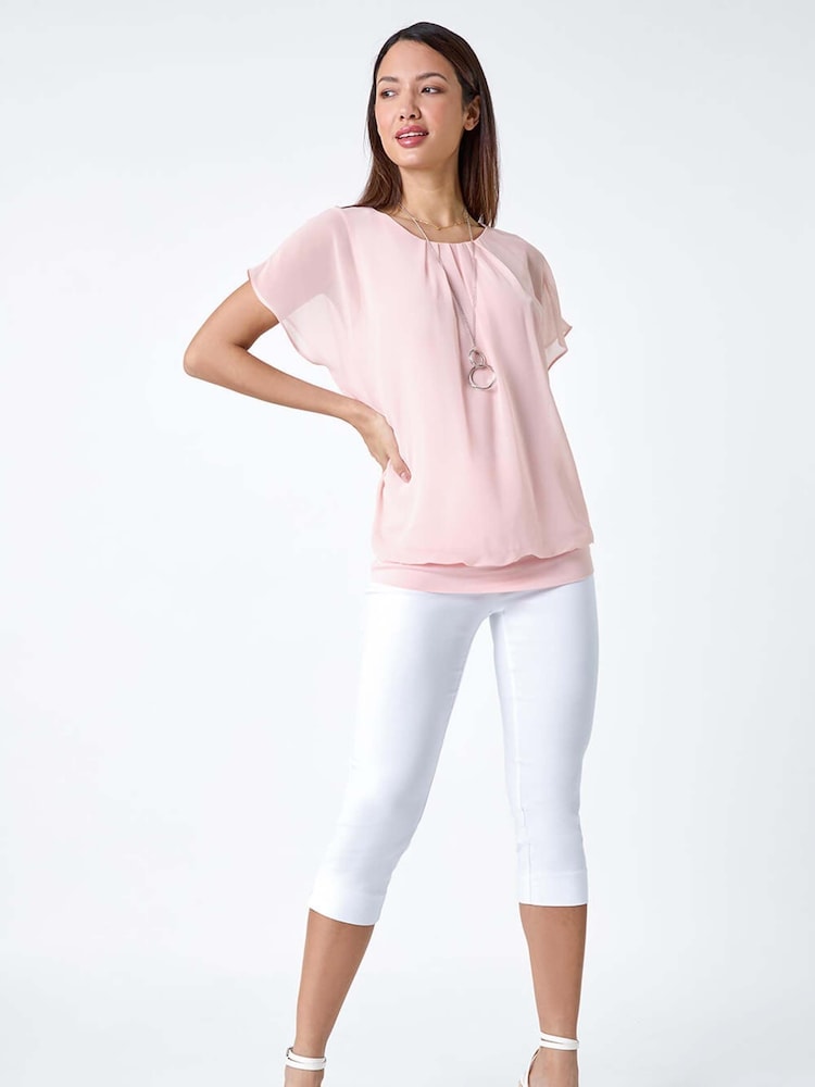Roman Pink Chiffon Jersey Blouson Top with Necklace - Image 2 of 5