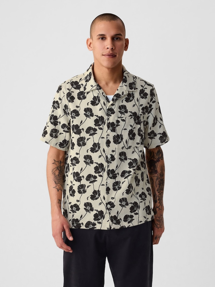 Gap Neutral/Black Textured Resort Short Sleeve Shirt - Image 1 of 4 Gap Neutral/Black Textured Resort Short Sleeve Shirt - Image 1 of 4