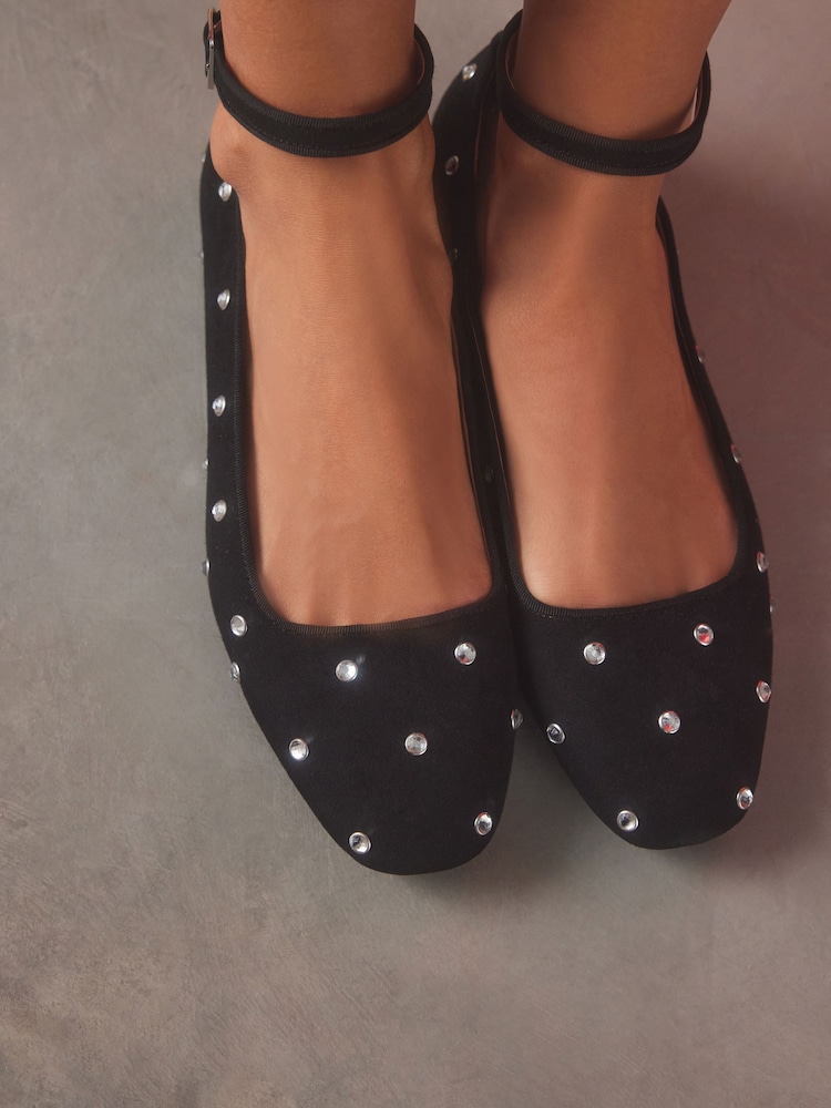 Buy Black Forever Comfort® Jewel Ankle Strap Round Toe Ballerinas