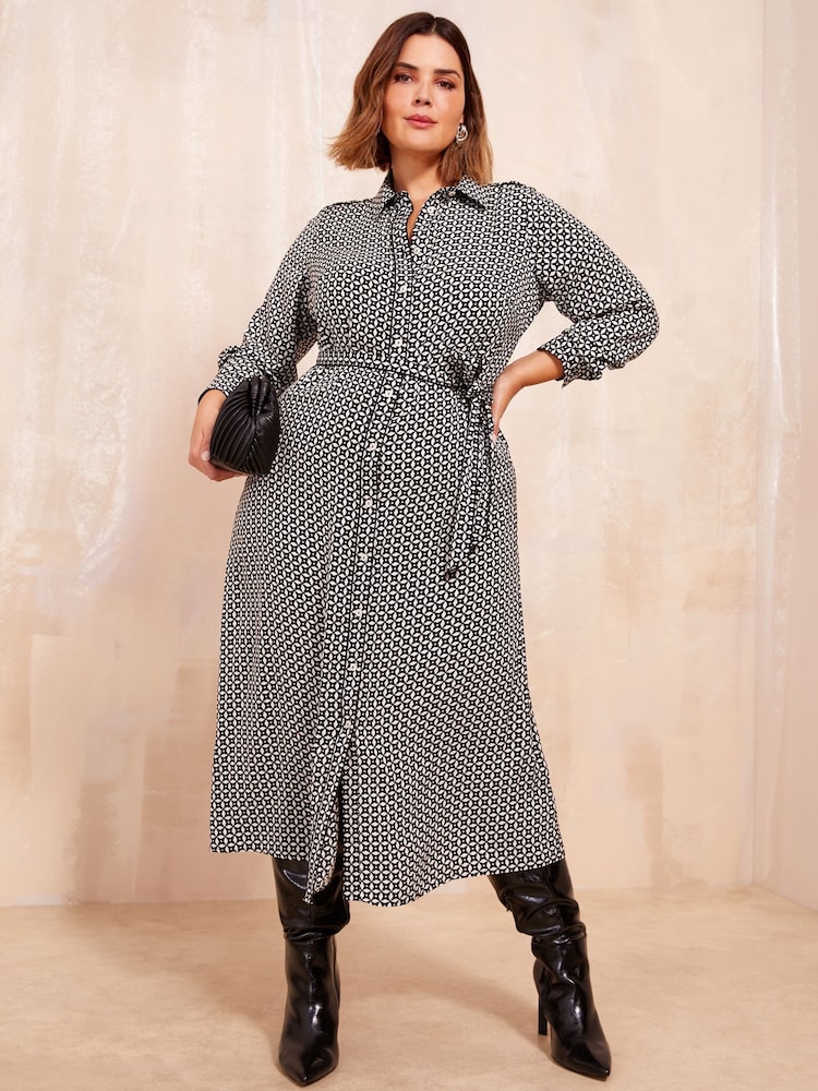 Friends Like These Black/White Printed Midi Shirt Dress - Image 1 of 4