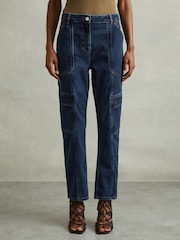 Reiss Dark Blue Jem Garment Dyed Utility Tapered Jeans - Image 3 of 6