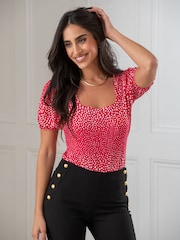 Pour Moi Red & White Birdie Square Neck Slinky Puff Sleeve Stretch Top - Image 1 of 4