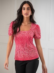 Pour Moi Red & White Birdie Square Neck Slinky Puff Sleeve Stretch Top - Image 2 of 4
