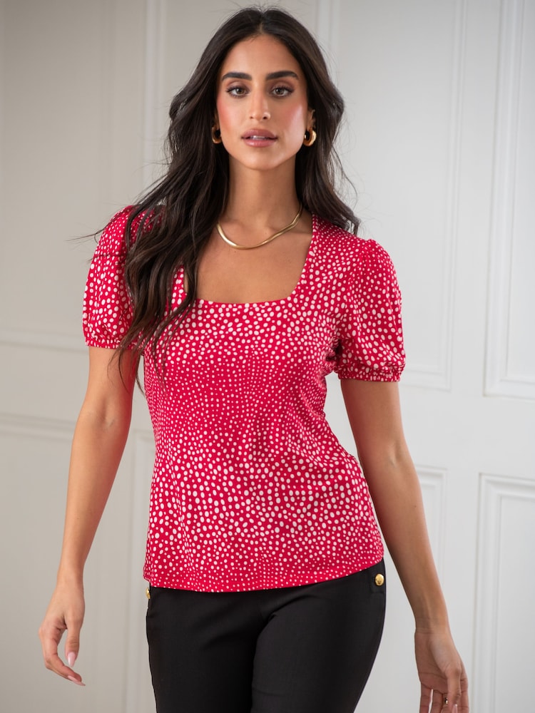 Pour Moi Red & White Birdie Square Neck Slinky Puff Sleeve Stretch Top - Image 2 of 4