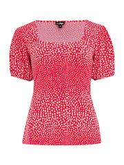 Pour Moi Red & White Birdie Square Neck Slinky Puff Sleeve Stretch Top - Image 3 of 4