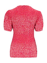 Pour Moi Red & White Birdie Square Neck Slinky Puff Sleeve Stretch Top - Image 4 of 4
