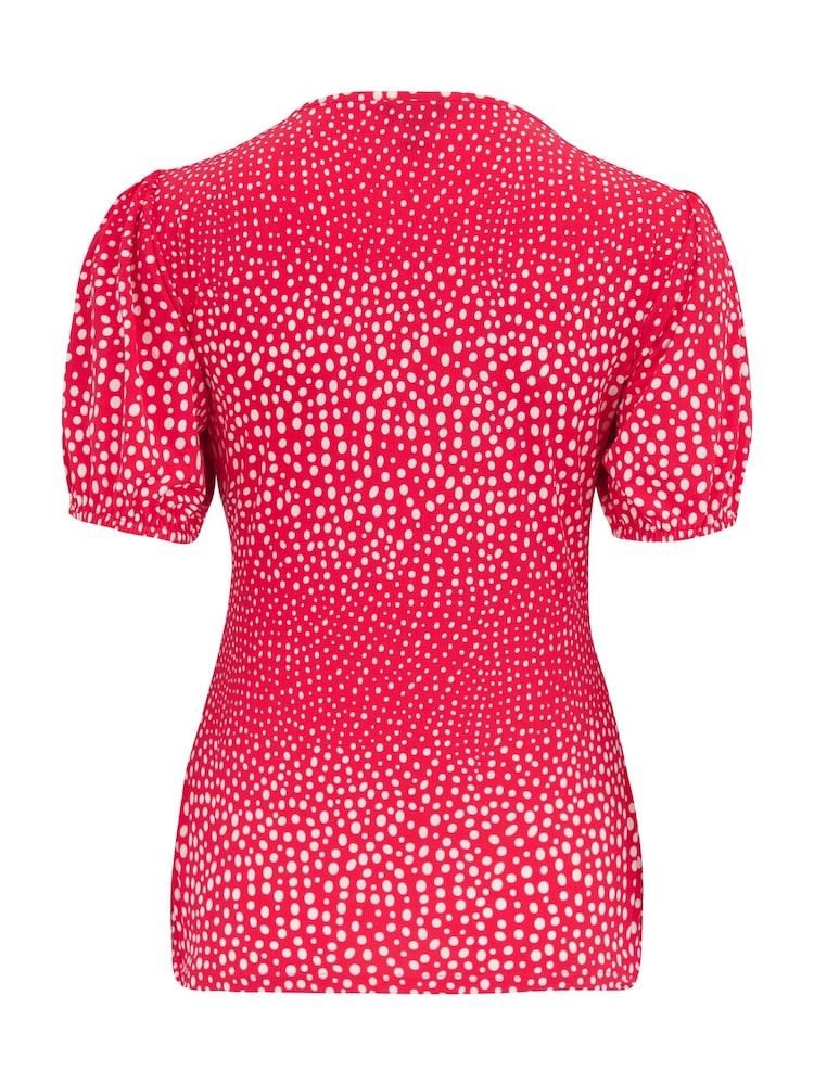 Pour Moi Red & White Birdie Square Neck Slinky Puff Sleeve Stretch Top - Image 4 of 4