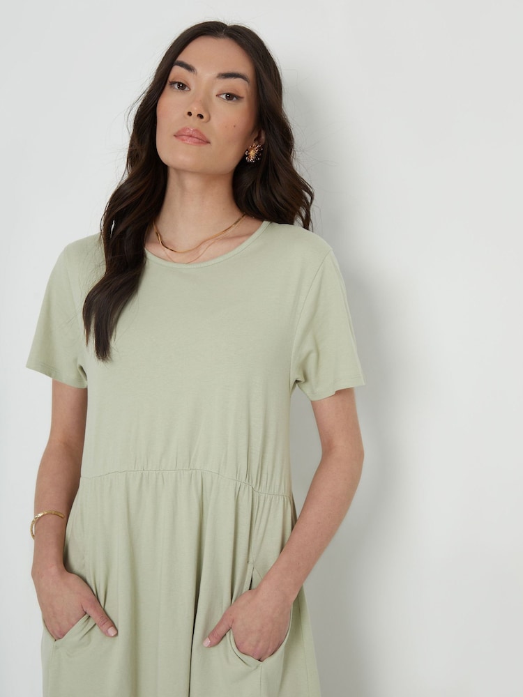 Threadbare Green 100% Cotton Leopard Print Smock Style Midi Dress - Image 1 of 4