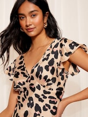 Friends Like These Brown Satin Ruffle Sleeve Bias Cut Midi Dress - Image 2 of 4