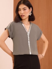 Love & Roses Grey Sequin V Neck Roll Sleeve Blouse - Image 1 of 4