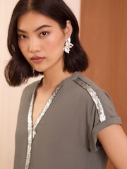 Love & Roses Grey Sequin V Neck Roll Sleeve Blouse - Image 2 of 4