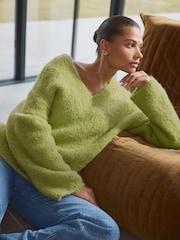 Green Olive Premium V-Neck Boucle Knitted Jumper with Wool - Image 1 of 7