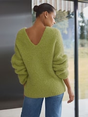 Green Olive Premium V-Neck Boucle Knitted Jumper with Wool - Image 2 of 7