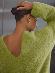 Green Olive Premium V-Neck Boucle Knitted Jumper with Wool - Image 3 of 7
