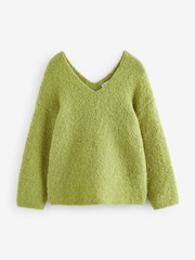 Green Olive Premium V-Neck Boucle Knitted Jumper with Wool - Image 4 of 7