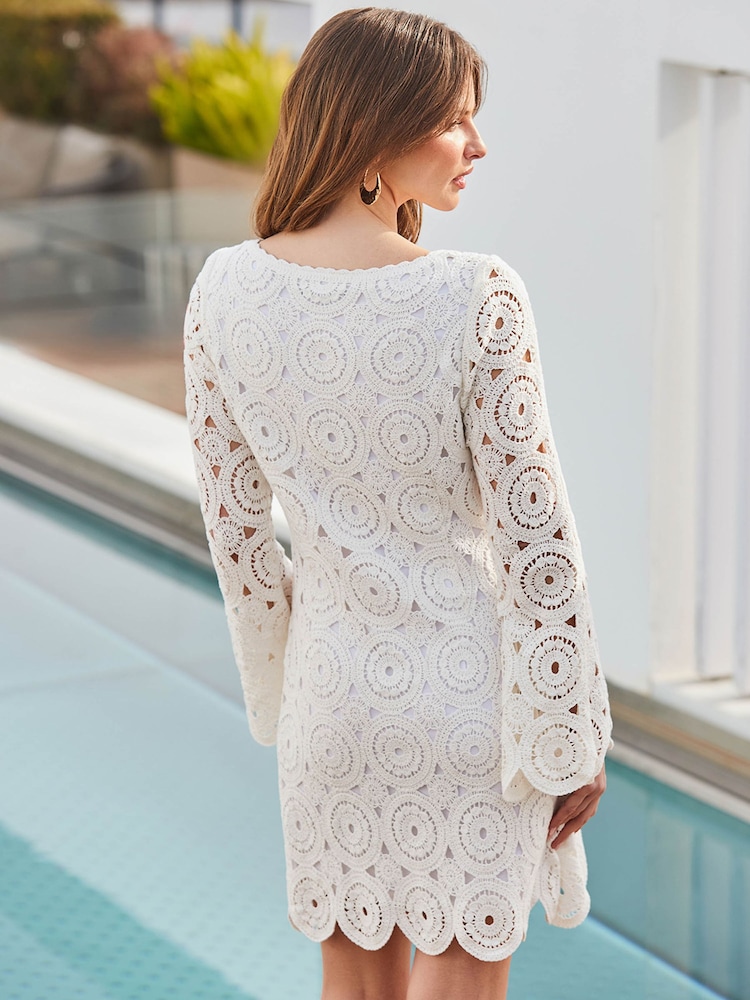 Sosandar Cream 100% Cotton Crochet Tie Detail Jersey Dress - Image 5 of 5 Sosandar Cream 100% Cotton Crochet Tie Detail Jersey Dress - Image 5 of 5