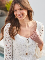 Sosandar Cream 100% Cotton Crochet Tie Detail Jersey Dress - Image 1 of 6