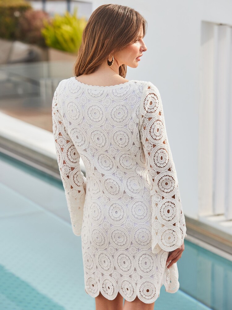 Sosandar Cream 100% Cotton Crochet Tie Detail Jersey Dress - Image 6 of 6