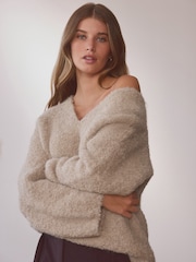 Camel Neutral Premium V-Neck Boucle Knitted Jumper with Wool - Image 1 of 7