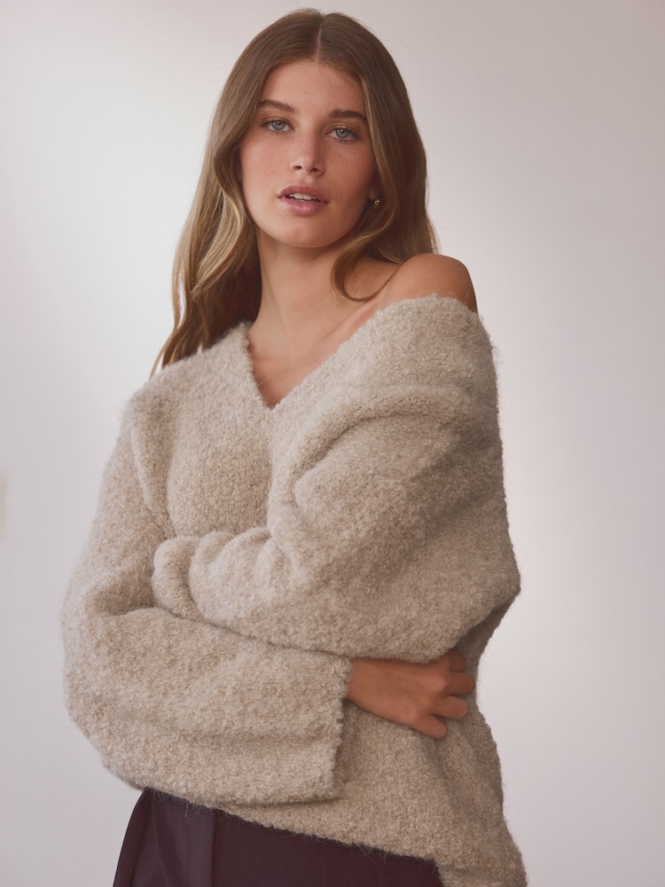 Camel Neutral Premium V-Neck Boucle Knitted Jumper with Wool - Image 1 of 7