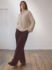 Camel Neutral Premium V-Neck Boucle Knitted Jumper with Wool - Image 2 of 7