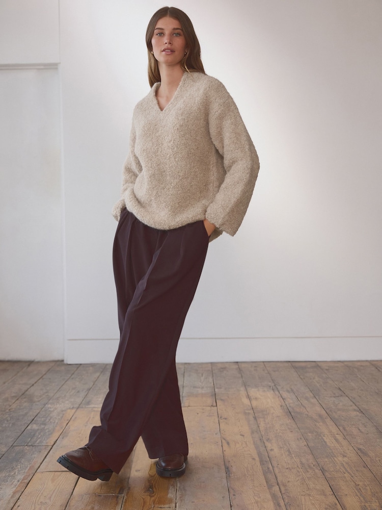 Camel Neutral Premium V-Neck Boucle Knitted Jumper with Wool - Image 2 of 7