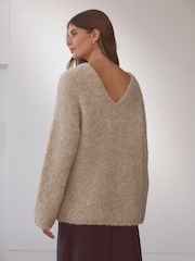 Camel Neutral Premium V-Neck Boucle Knitted Jumper with Wool - Image 3 of 7