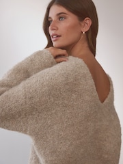 Camel Neutral Premium V-Neck Boucle Knitted Jumper with Wool - Image 4 of 7