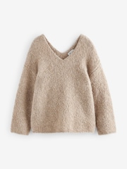 Camel Neutral Premium V-Neck Boucle Knitted Jumper with Wool - Image 5 of 7