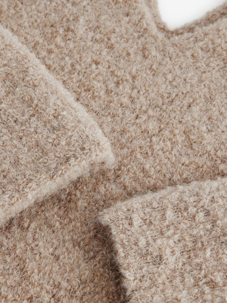 Camel Neutral Premium V-Neck Boucle Knitted Jumper with Wool - Image 7 of 7