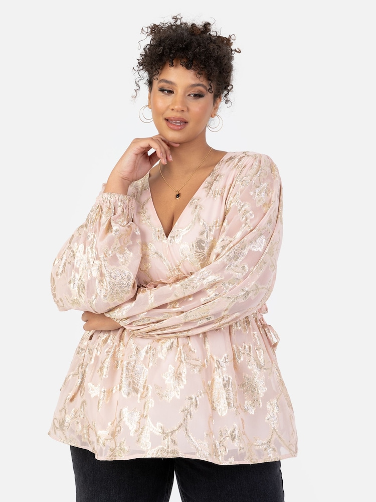 Lovedrobe Pink Long Sleeve Foiled Gathered Waist Peplum Top - Image 1 of 5