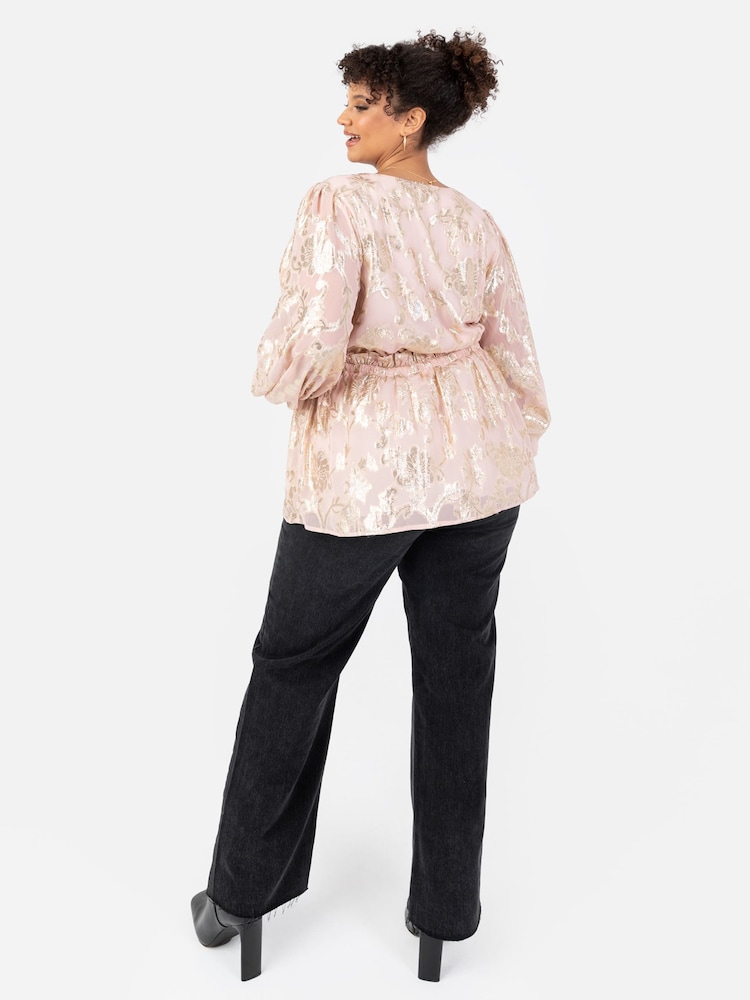 Lovedrobe Pink Long Sleeve Foiled Gathered Waist Peplum Top - Image 2 of 5