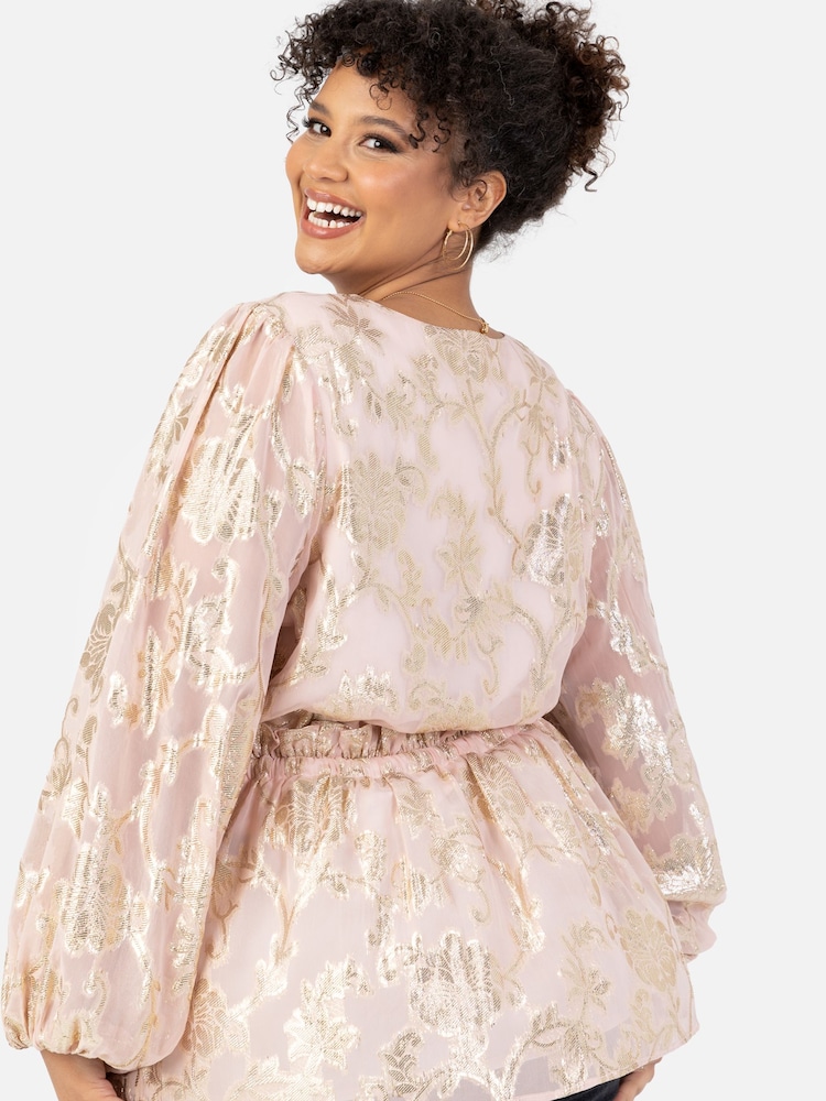 Lovedrobe Pink Long Sleeve Foiled Gathered Waist Peplum Top - Image 5 of 5