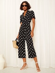 Friends Like These Black Collar Button Through Culotte Jumpsuit - Image 2 of 4