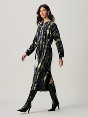 Green Abstract Blur Print Long Sleeve Batwing Midi Dress - Image 1 of 8