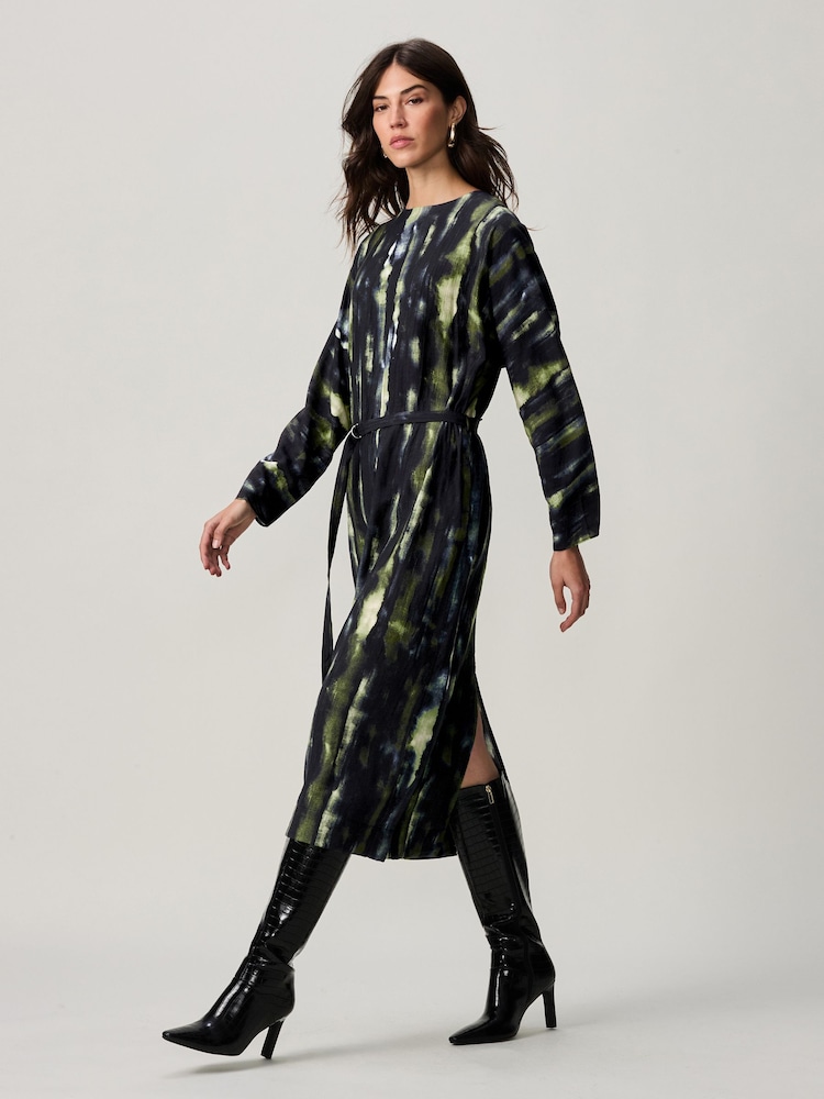 Green Abstract Blur Print Long Sleeve Batwing Midi Dress - Image 1 of 8