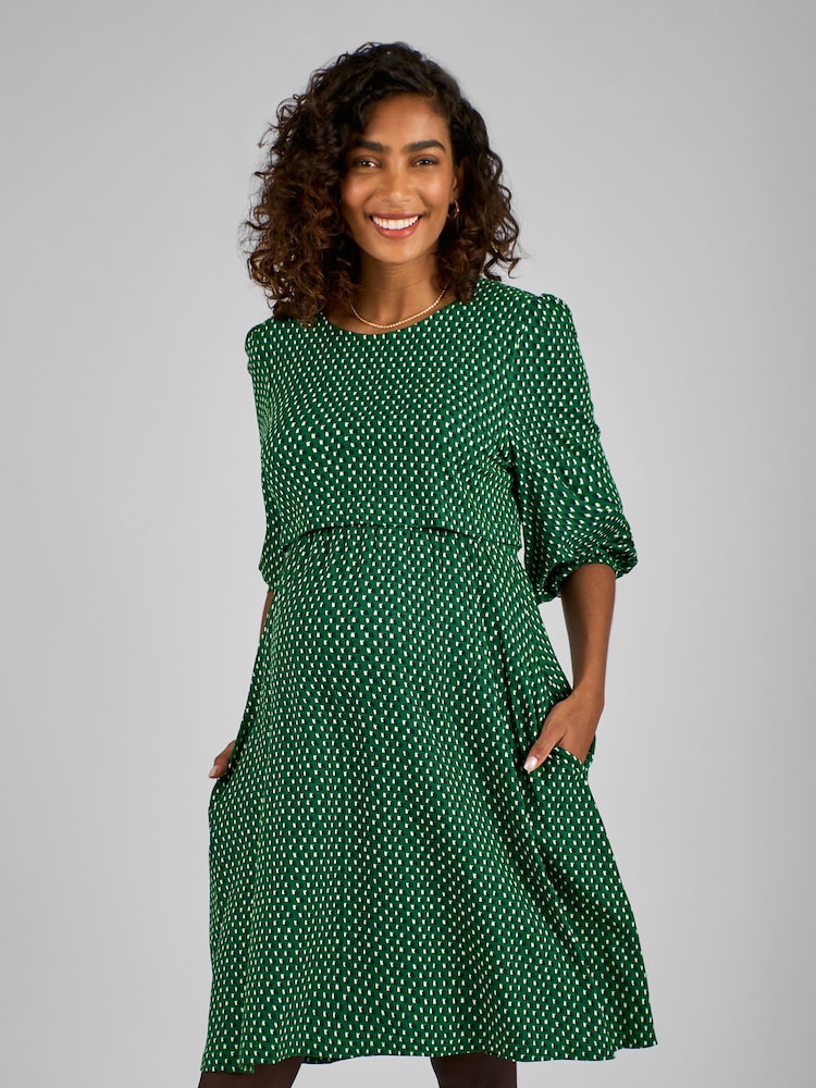 JoJo Maman Bébé Green Geo Round Neck Double Layer Maternity & Nursing Dress - Image 1 of 4