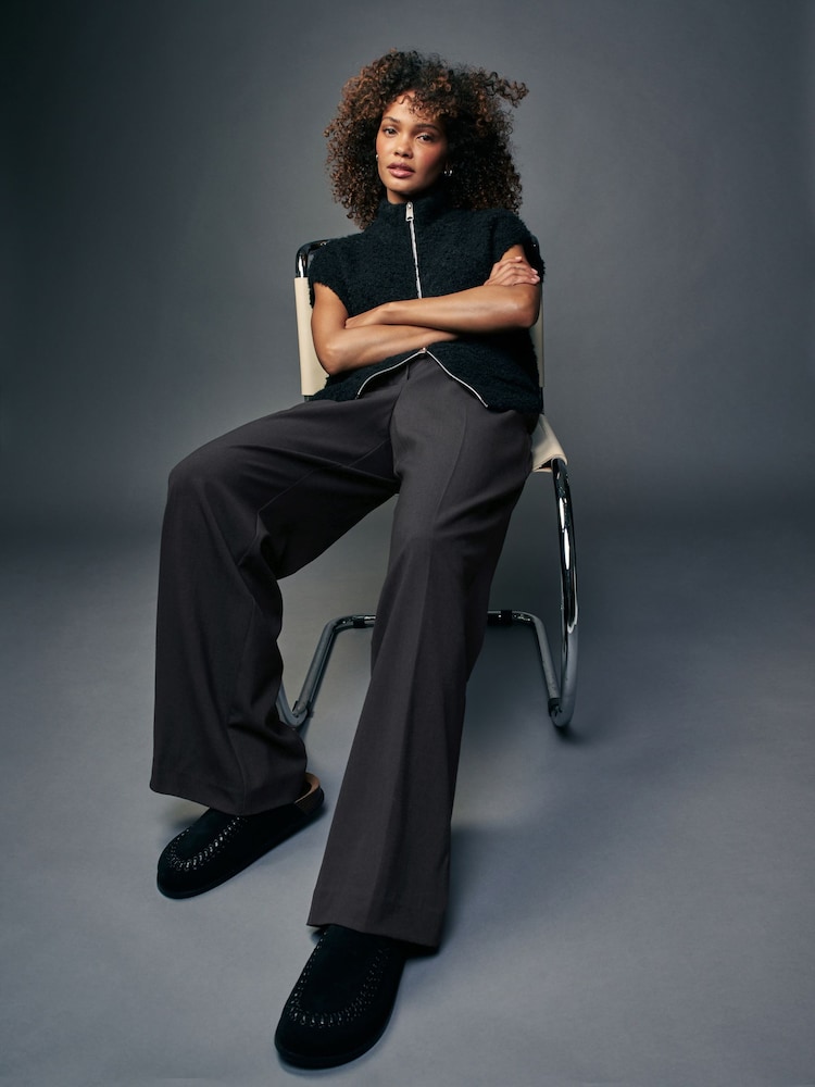 Charcoal Grey Drawstring Waist Tie Front Wide Leg Trousers - Image 1 of 7