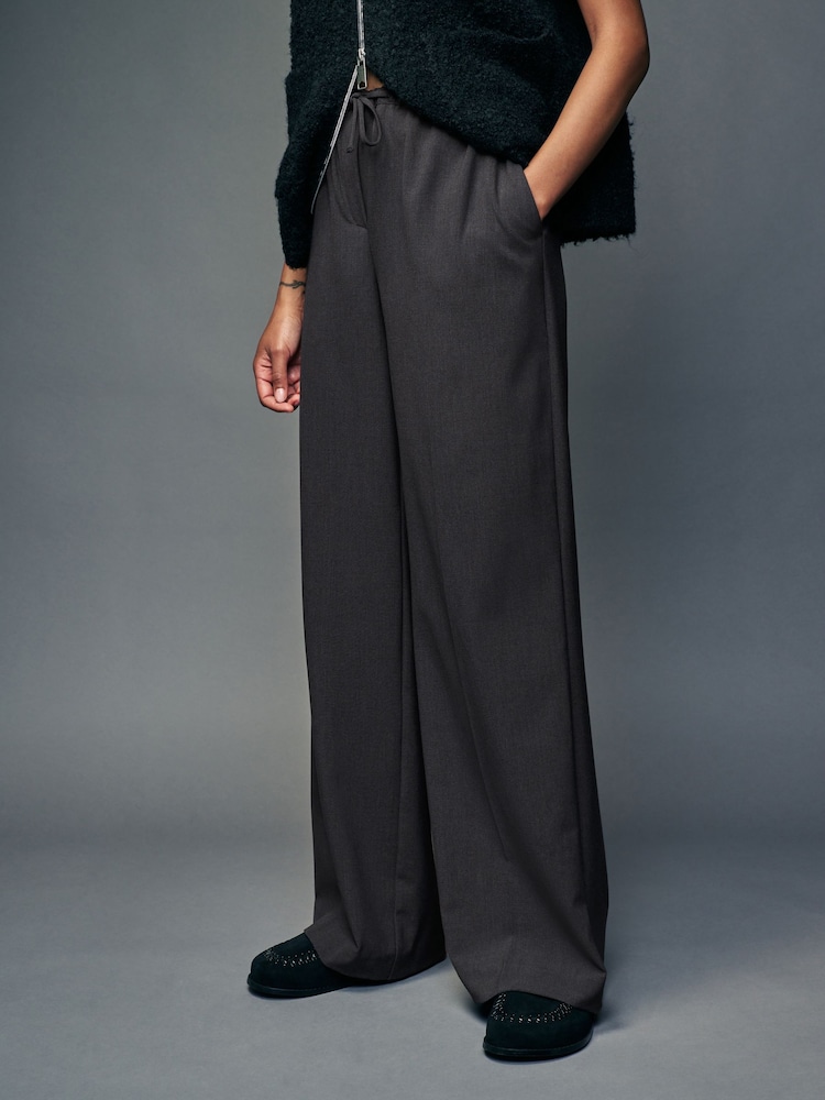 Charcoal Grey Drawstring Waist Tie Front Wide Leg Trousers - Image 2 of 7