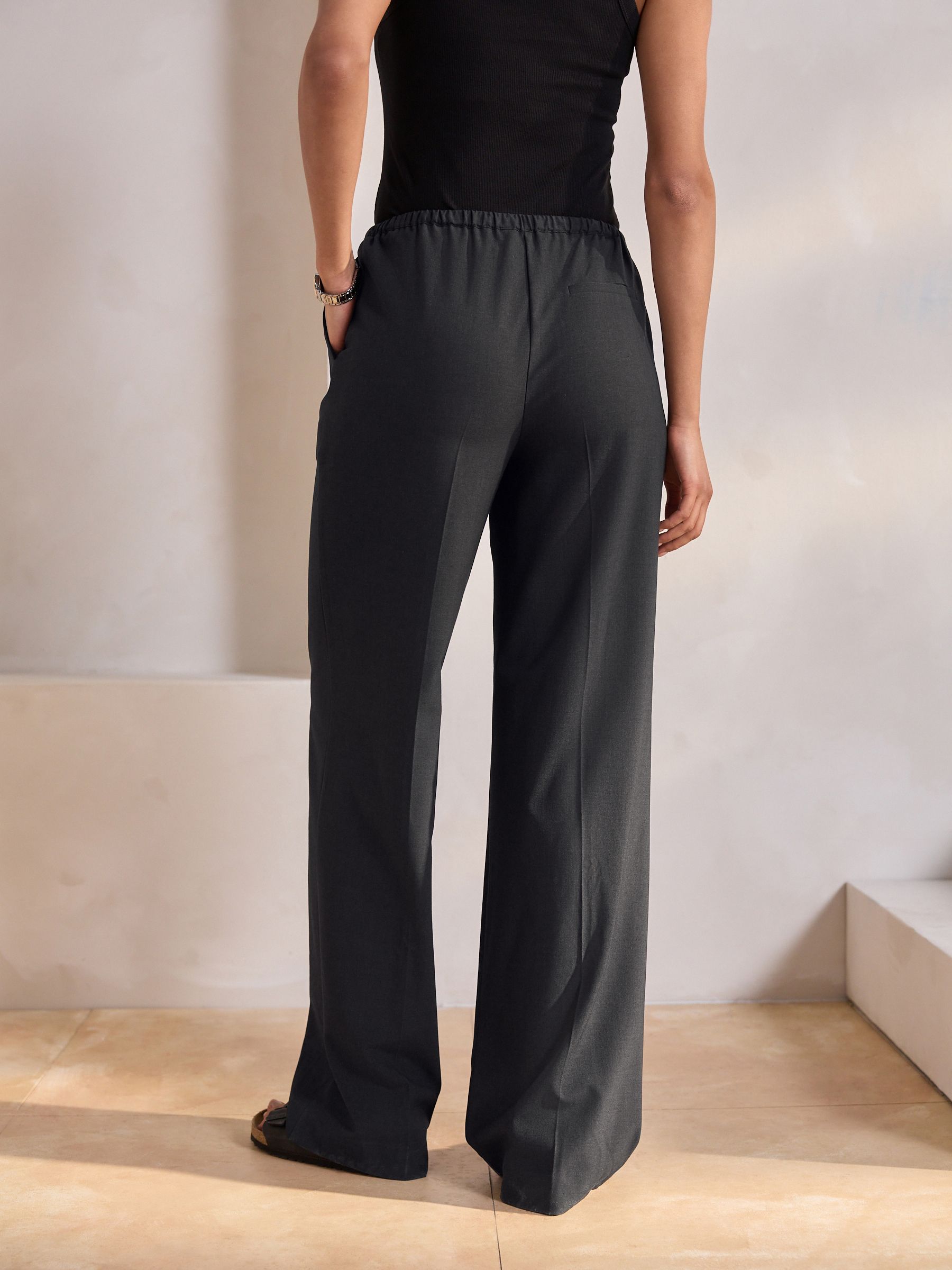 Buy Charcoal Grey Drawstring Waist Tie Front Wide Leg Trousers