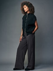 Charcoal Grey Drawstring Waist Tie Front Wide Leg Trousers - Image 3 of 7