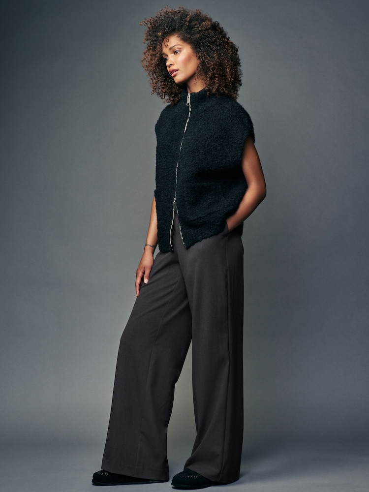 Charcoal Grey Drawstring Waist Tie Front Wide Leg Trousers - Image 3 of 7