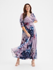 Синий пурпурный с разноцветным принтом - Scarlett & Jo Float Isabelle Curve Angel Sleeve Maxi Dress - Image 1 of 4