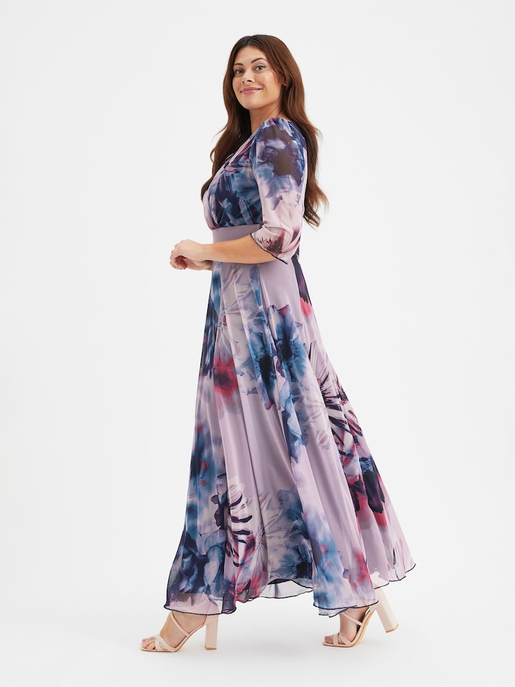 Scarlett & Jo Blue Purple Multi Multi Isabelle Flower Angel Sleeve Maxi Dress - Image 3 of 4