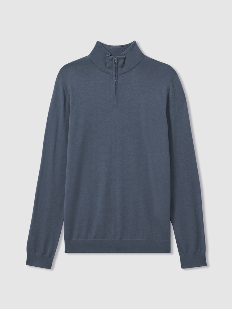 Reiss Airforce Blue Maxwell Merino Wool Half-Zip Polo Shirt - Image 2 of 6