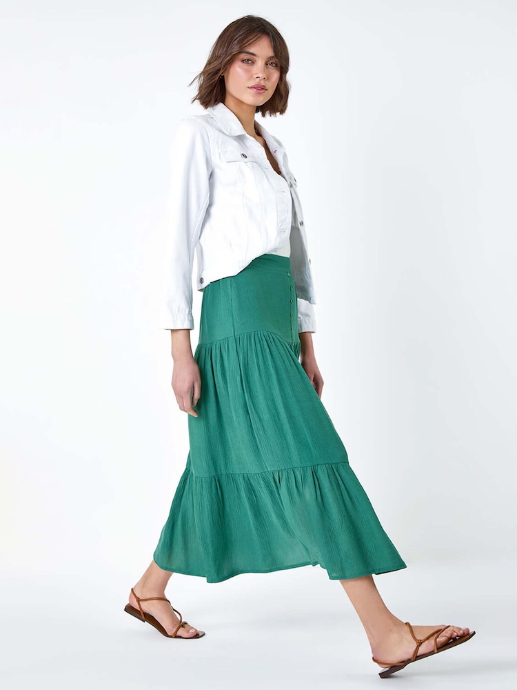 Roman Green Textured Button Tiered Midi Skirt - Image 2 of 5